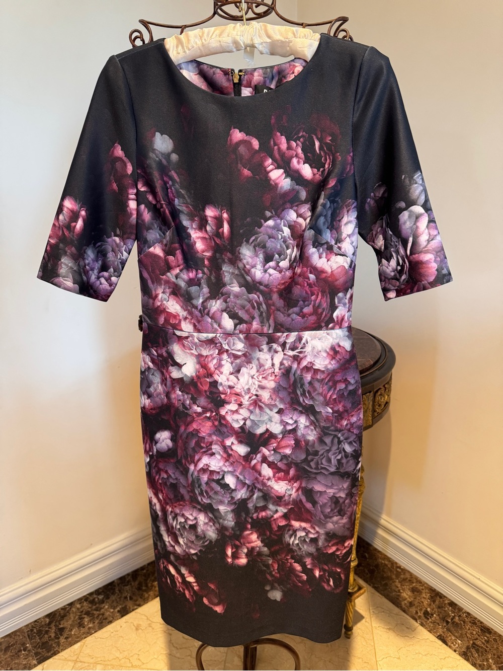 DKNY Floral Sheath Dress in Black and Plum